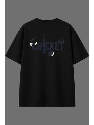 Vsrn Crıket Tasarım Arka Baskılı Siyah Oversize T Shirt