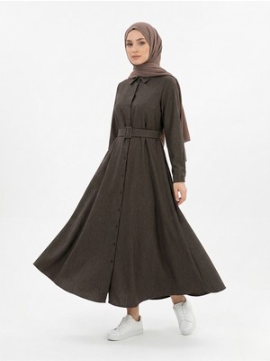 Foremia Kaplama Kemer Detay Patlı Elbise-Kahve -