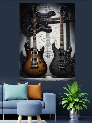Karizma Tablo Duvara Asılı Iki Elektro Gitar Dekoratif Kanvas - Mdf Ahşap Tablo