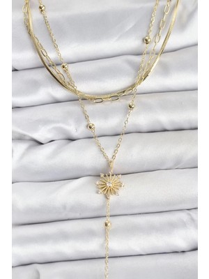 Aydogan's Pirinç Gold Renk Zirkon Taşlı Model Detaylı 3'lü Kombin Y Kadın Kolye - TJ-BKO10700