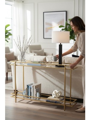 Feyza Design Şeffaf Temper Camlı 2 Katlı Altın Renk Konsol Dresuar