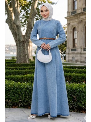 Hafsa Mina Beli Pensli Kemerli Kot Elbise Açık Mavi HM2896