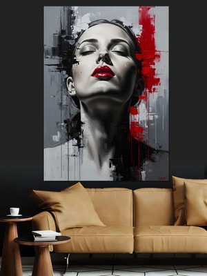 Karizma Tablo Kırmızı Dudaklı Sanatsal Kadın Portresi Dekoratif Kanvas - Mdf Ahşap Tablo