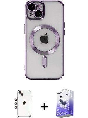 iPhone 14 Nova Işık Özel Seri - Siyah Bilvis 5in1 5d Magic Hayalet Cam Ekran Koruyucu + Gökkuşağı Shine Kamera Lens