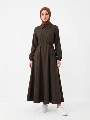 Foremia Yakalı Fermuar Detay Elbise-Kahve -