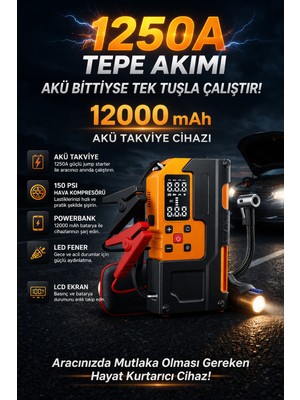 Kılıforyum 1250A Akü Takviye Cihazı 12000 Mah Jump Starter 150 Psı Hava Kompresörü Powerbank LED