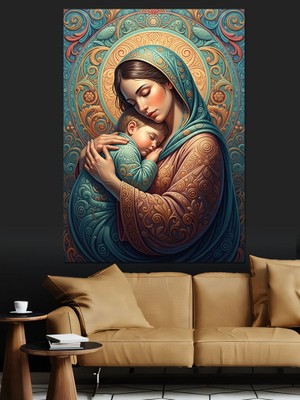 Karizma Tablo Bebekli Meryem Ana Şefkat Portresi Dekoratif Kanvas - Mdf Ahşap Tablo