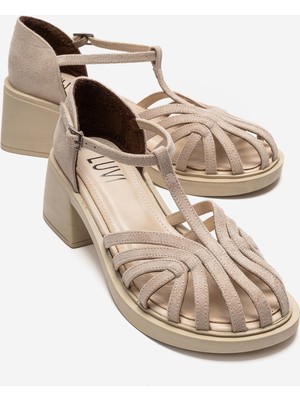Luvi Nolana Bej Süet Kadın Kalın Topuklu Sandalet
