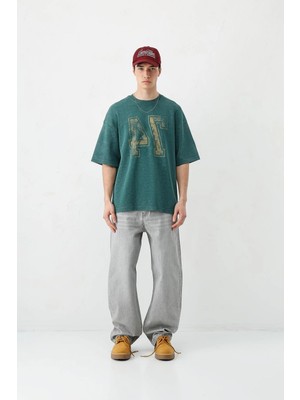 Vamos Yıkamalı Baskılı Oversize Tişört Nefti