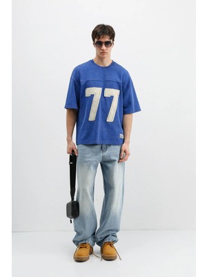 Vamos Numara Baskılı Oversize Tişört Saks