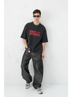 Vamos Yıkamalı Baskılı Oversize Tişört Siyah