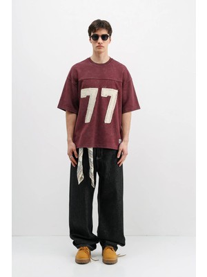 Vamos Numara Baskılı Oversize Tişört Bordo