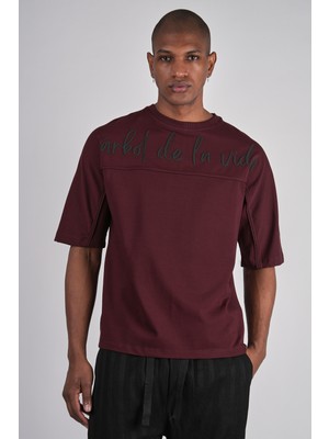 Ex-pent Erkek Biyeli Suprem Kumaşlı Regular Kalıp Puff Baskılı Pamuklu Bordo T-Shirt
