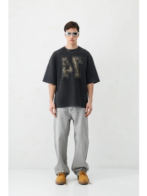 Vamos Yıkamalı Baskılı Oversize Tişört Siyah