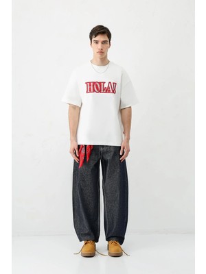 Vamos Yıkamalı Baskılı Oversize Tişört Ekru