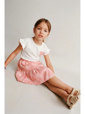 Magu Kız Çocuk Pamuklu Beyaz Pembe Papatya Desenli Etekli Takım - Kalp Baskılı Fırfır Kollu Tişört