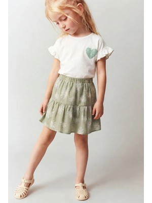 Magu Kız Çocuk Pamuklu Ekru Çağla Yeşili Papatya Desenli Etekli Takım - Kalp Baskılı Fırfır Kollu Tişört