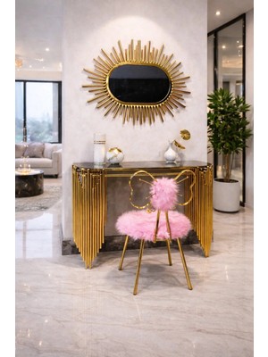 Feyza Design Pembe Metal Dresuar Takım Kelebek Sandalyeli Aynalı Set