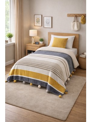 Merinos Colorway Tek Çift Kişilik Ponponlu Battaniye