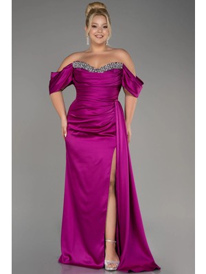 Abiyefon Kayık Yaka Yırtmaçlı Uzun Saten Büyük Beden Abiye ABU3655