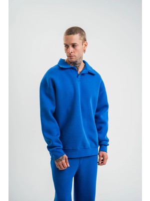 Velmora Fashion Erkek Açık Yakalı Oversize 3 Iplik Pamuklu Sweatshirt - Mavii