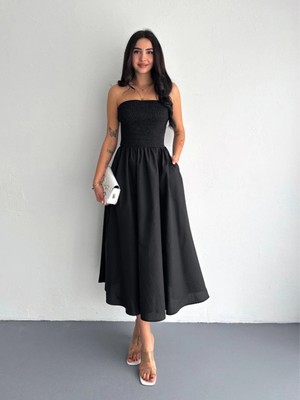 Velmora Fashion Kadın Straplez Pileli Elbise - Siyah