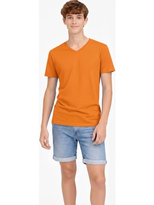 Velmora Fashion Genç Erkek Çocuk V Yaka Tişört Model - Turuncu