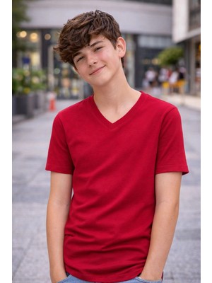 Velmora Fashion Genç Erkek Çocuk V Yaka Tişört Model - Bordo