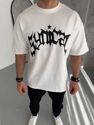 Velmora Fashion Bisiklet Yaka Baskılı Oversize T-Shirt - Beyaz -