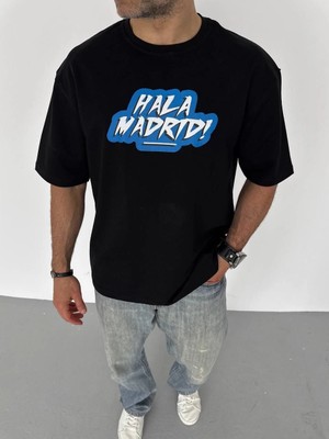 Velmora Fashion Bisiklet Yaka Baskılı Oversize T-Shirt - Siyah -