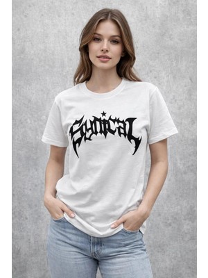 Velmora Fashion Kadın Kısa Kol Yazlık Tişört Bisiklet Yaka Baskılı Oversize T-Shirt - Beyaz