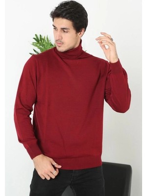 Velmora Fashion Erkek Tam Boğazlı Balıkçı Yaka Kazak Uzun Kol Düz Dokuma Triko - Bordo