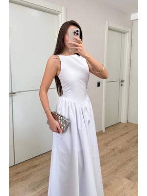 Velmora Fashion Sifir Kol Beli Oturtmalı Kolsuz Uzun Elbise - Beyaz -