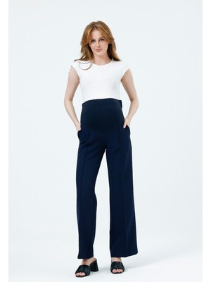 Katlin Maternity Hamile Geniş Paça Beli Ayarlanabilir Lacivert Kumaş Pantolon Önü Dikiş Detaylı