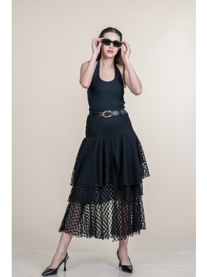 MissVina Kat Kat Parçalı Volanlı Uzun Tül Dantel Etek 6882