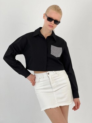 Cemo Kadın Taş Cep Detaylı Crop Gömlek