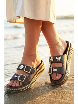 Nmoda Kadın Platform Eva Terlik Altın Zincir Tokalı Papatya🌼 Kelebek 🦋 Charm Dolgu Taban Yazlık Sandalet