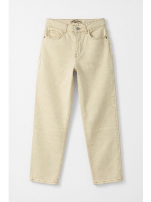 Markapia Kadın Ekru Straight Fit %100 Pamuk Jean Pantolon