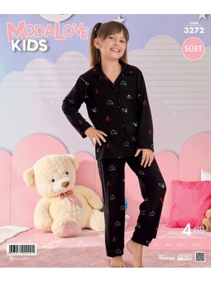 Royam Modalove Kız Çocuk Milan Kumaş Önü Düğmeli Süet Kışlık Uzun Kol Pijama Takımı