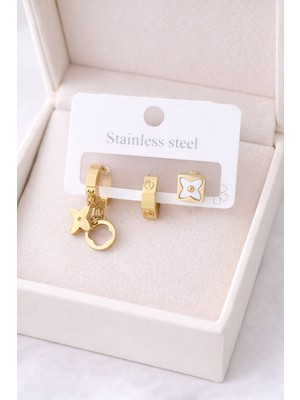 Decostyle Altın Renk 3’lü Çelik Küpe Seti Model 5 – Yonca Figürlü, Kararmaz, Paslanmaz, Minimal &amp; Şık Kadın Küpesi