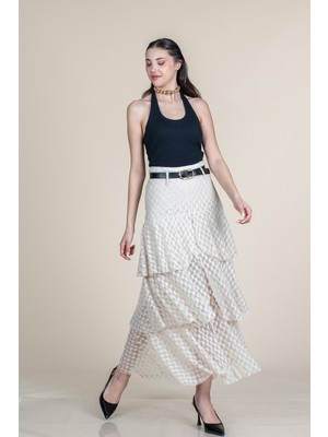 MissVina Kat Kat Parçalı Volanlı Uzun Tül Dantel Etek 6882