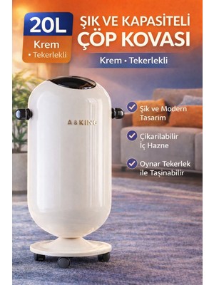 Adefco 20 Lt Tekerlekli Çöp Kovası Kapaklı Modern Tasarım Çıkarılabilir Hazneli Krem