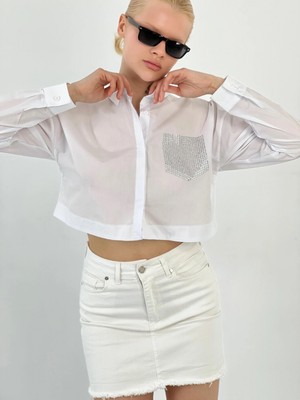Cemo Kadın Taş Cep Detaylı Crop Gömlek