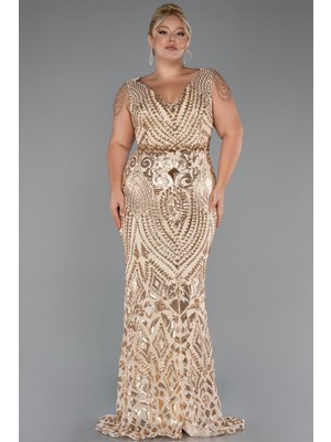 V Yaka Uzun Pullu Büyük Beden Abiye Elbise ABU3845