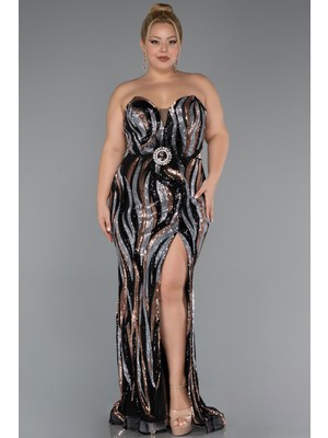 Straplez Yırtmaçlı Uzun Pul Payet Büyük Beden Abiye ABU5025