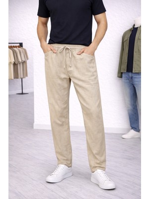 İnce Moda Giyim Keten Görünümlü Lastikli Bel Erkek Pantolon – Rahat Kesim