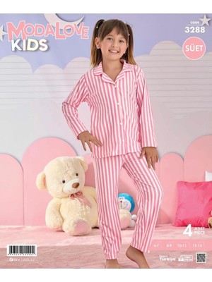 Royam Modalove Kız Çocuk Milan Kumaş Önü Düğmeli Süet Kışlık Uzun Kol Pijama Takımı