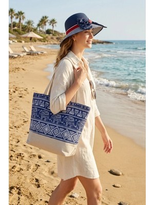 Bay Şapkacı Çapa Detaylı Lacivert Şapka ve Fil Desenli Etnik Plaj Çantası Seti 3852-6507