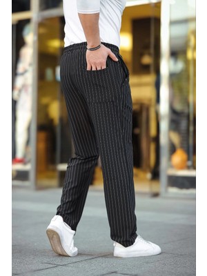MidasTech Cizgili Dokuma Krep Jogger Buggy Pantalon Rahat Kalıp - Siyah