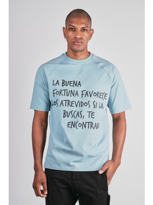 Ex-pent Erkek Reglan Kol Regular Kalıp Yazı Baskılı Pamuklu Mavi T-Shirt